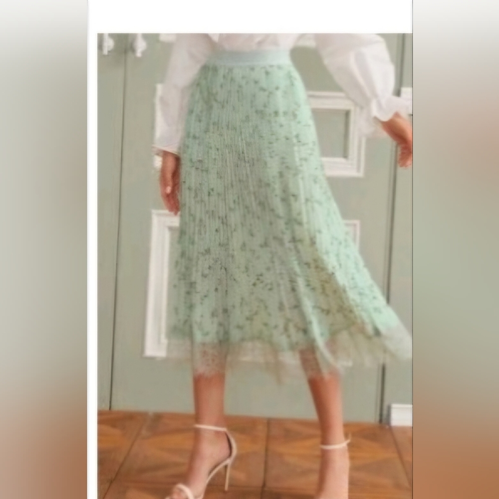 Eyelash  lase hem pleated floral  print skirt